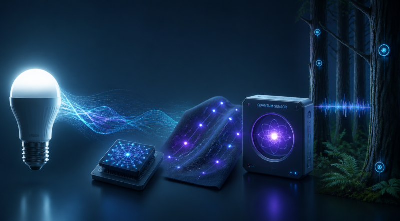 A futuristic minimalist composition showing a glowing LED lightbulb transmitting invisible data waves through a soft beam of light, a small neuromorphic chip with neural network patterns, a delicate fabric with embedded micro-sensors glowing softly, a quantum sensor with a glowing atom in the center, and a forest with tiny hidden microphones, all arranged in a clean dark blue background with soft teal and violet accents, ultra-detailed, cinematic lighting, modern technology aesthetic, high resolution, photorealistic digital art style