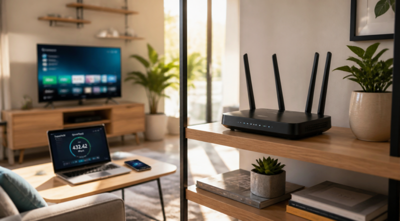 A modern, brightly lit living room with a sleek Wi-Fi router placed centrally on a wooden shelf at eye level, soft warm sunlight streaming through large windows, a laptop on a coffee table showing a fast speed test result, a smartphone and a smart TV in the background, minimalist Scandinavian interior design, green plants, cozy atmosphere, realistic photography style, soft bokeh, 4K quality