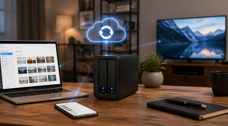 A modern home office setting with a sleek black two-bay NAS device placed on a wooden desk next to a laptop and smartphone. Soft warm ambient lighting, minimalist Scandinavian interior in the background with a small plant. The NAS has subtle blue LED indicators glowing. A floating holographic-style cloud icon above the device connected by thin glowing lines to the laptop, phone and a smart TV in the background, symbolizing data sync. Photorealistic, clean composition, shallow depth of field, high resolution.