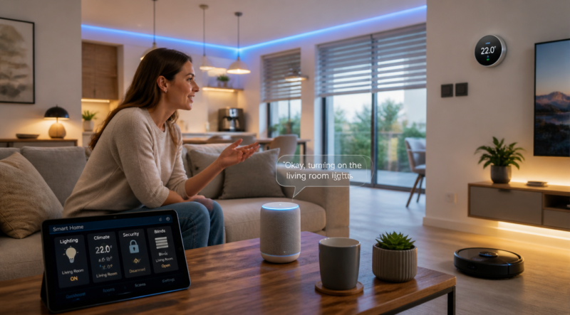 A modern, bright smart home living room interior with warm ambient lighting, a person sitting on a couch speaking towards a sleek voice assistant device on a wooden coffee table, surrounded by connected devices: smart lights glowing in soft blue and warm white, motorized blinds partially open, a coffee machine brewing in the background kitchen, a robot vacuum on the floor, a smart thermostat on the wall, a tablet displaying a home automation dashboard, soft natural light coming through large windows, contemporary minimalist design, realistic photography style, high resolution, shallow depth of field, cozy and futuristic atmosphere