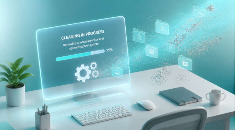 A clean modern computer desk with a glowing translucent screen showing a digital cleaning progress bar and gear icons, surrounded by floating translucent folders and dust particles being removed by soft blue light rays, minimalistic style, soft gradient background in teal and white, isometric view, high quality digital illustration