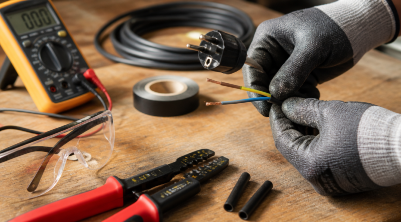 A detailed close-up photograph of a DIY workspace showing hands wearing protective gloves carefully assembling a power cable with copper wires, a Schuko plug, and tools like wire strippers, screwdriver, and multimeter on a wooden workbench. Warm natural lighting, organized tools, colorful electrical wires (brown, blue, yellow-green), electrical tape, heat shrink tubing, safety goggles nearby. Realistic style, shallow depth of field, professional and educational atmosphere.