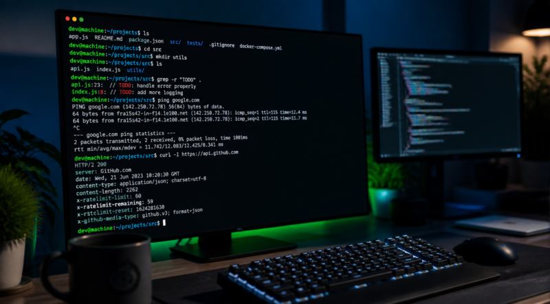 A sleek modern terminal window on a dark theme displaying colorful command-line text (green, white, blue characters showing commands like ls, cd, mkdir, grep, ping, curl). The terminal is open on a minimalist desk setup with a cup of coffee, mechanical keyboard with backlight, and a secondary monitor showing code editor in the background. Moody cinematic lighting, soft blue and green glow illuminating the workspace, shallow depth of field, photorealistic style, 4K, technology and programming atmosphere.
