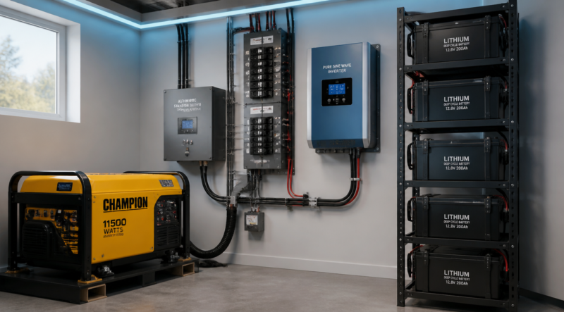 A modern backup electrical network setup in a clean utility room, featuring a yellow gasoline generator connected to an automatic transfer switch, a rack of deep-cycle lithium batteries, a wall-mounted pure sine wave inverter with digital display, neatly organized power cables and circuit breakers on a metal panel, soft LED lighting, technical and industrial atmosphere, photorealistic style, sharp focus, daylight coming through a small window, no people visible