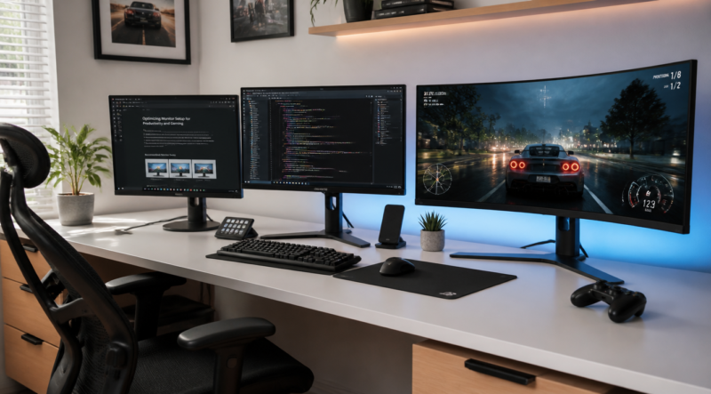 A clean, modern workspace featuring three different computer monitors side by side on a minimalist white desk: a compact 24-inch monitor for office work on the left, a 27-inch QHD monitor in the center displaying colorful code on a dark background, and a curved 32-inch ultrawide gaming monitor on the right showing a vibrant racing game. Soft natural light from a window, ergonomic chairs, mechanical keyboards, and a small potted plant. The atmosphere is professional yet inviting, with warm wood tones contrasting with the cool blue light of the screens. High detail, photorealistic style, 4K quality.