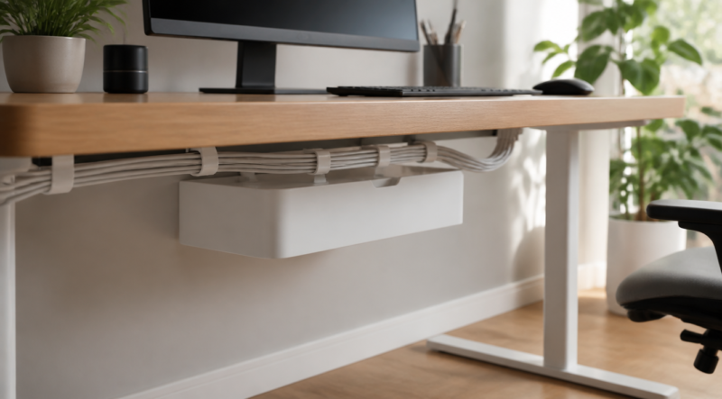 A clean and organized modern home office desk setup with neatly managed cables running along the desk using white cable management channels, velcro straps holding bundled wires together, a sleek cable management box under the desk hiding power strips, minimalist contemporary aesthetic, soft natural daylight streaming from a window, neutral color palette with a wooden desk surface, green plants in the background, professional interior photography style, shallow depth of field focusing on cable organization details, bright and airy atmosphere