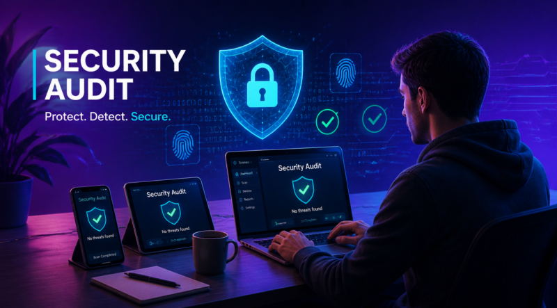 A modern flat-style digital illustration showing a young person at a minimalist desk conducting a security audit on multiple personal devices: a smartphone, a laptop, and a tablet. The scene is enriched with floating visual security elements: a glowing blue padlock, a translucent shield, fingerprint icons, green checkmarks, and binary code streams. The background features a soft gradient from deep purple to electric blue with subtle digital circuit patterns and network nodes. The lighting is clean and professional with cyan and violet neon accents. The composition is balanced, tech-focused, and optimized for a cybersecurity blog header, conveying trust, technology, and digital protection.