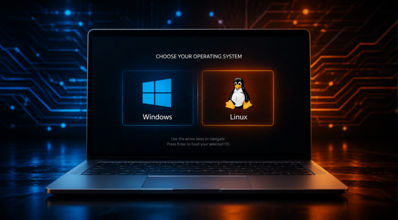 A modern laptop computer displaying a dual-boot selection menu on its screen, with Windows logo on the left side and Linux Tux penguin on the right side, blue and orange glowing color scheme, dark futuristic background with subtle circuit board patterns, professional tech blog header style, high quality digital illustration, sharp focus, clean composition