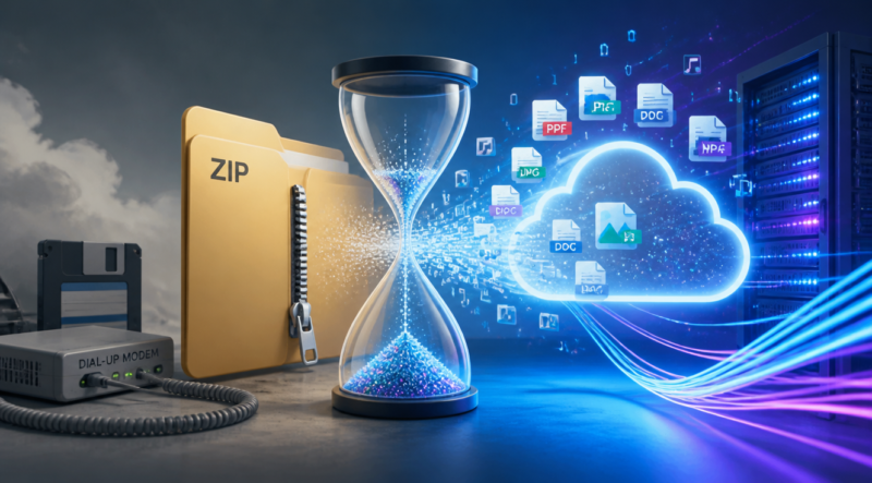 A modern flat illustration showing a large ZIP folder being unzipped into a cloud, with binary code and file icons floating around. The left side shows old technology (floppy disk, dial-up modem) in muted colors, while the right side displays a modern cloud server and fiber optic cables in vibrant blues and purples. The central element is a transparent hourglass symbolizing diminishing need for compression, with small data particles flowing freely into a limitless cloud. Digital art style, clean lines, soft gradients, 16:9 aspect ratio.