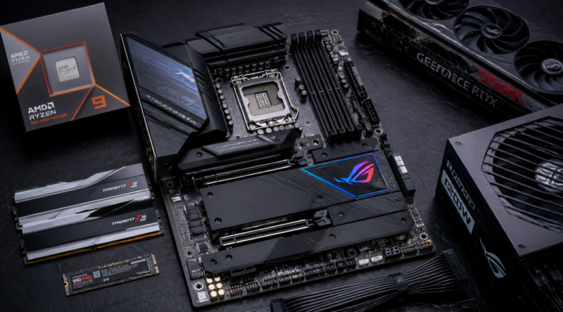 A detailed close-up photograph of a modern black ATX computer motherboard lying on a dark anti-static surface, with visible CPU socket, four DDR5 RAM slots, multiple M.2 SSD slots with heatsinks, PCIe x16 slots, and RGB-lit chipset. Surrounding the motherboard are compatible PC components artistically arranged: a boxed AMD or Intel processor, two DDR5 RAM sticks, an NVMe SSD, a graphics card, and a modular power supply with cables. Soft studio lighting with a futuristic tech mood, shallow depth of field, ultra realistic, 4K, top-down and 45-degree angle composition.