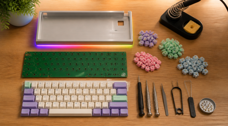 A top-down view of a clean wooden desk workspace with components of a custom mechanical keyboard neatly arranged: a brushed aluminum case, colorful mechanical switches in small piles, PBT keycaps in pastel colors, a green PCB board, precision screwdrivers, a soldering iron with stand, switch puller, keycap puller, and stabilizer tools. Warm natural lighting, organized minimalist setup, photography style, sharp focus, shallow depth of field, subtle RGB underglow reflecting off the metal case, soft shadows, photorealistic, 4K detail