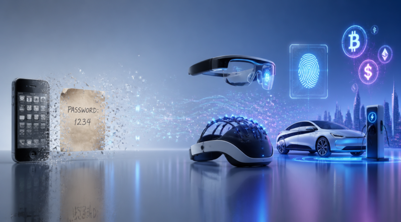Futuristic minimalist digital art scene showing an old smartphone and a physical password being faded into transparency on the left, while on the right emerging holographic AR glasses, biometric fingerprint scanner, neural interface headset, electric vehicle charging at a wireless station, and floating digital currency symbols appear in vibrant colors. Clean modern composition with soft blue and purple gradient lighting, sleek surfaces, scattered glowing data particles, 8K quality, photorealistic style, high-tech aesthetic, symbolic representation of technological evolution and transition