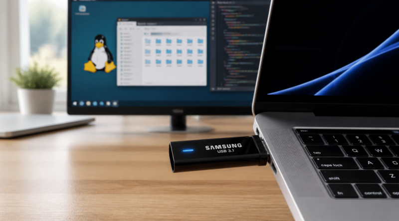 A detailed close-up of a sleek black Samsung USB 3.1 flash drive plugged into the side of a modern silver laptop, with a soft blue glowing LED indicator. In the background, a blurred monitor displays a Linux desktop environment with a Tux penguin mascot, file manager windows, and code editor. The scene is set on a clean minimalist wooden desk with soft natural lighting from a window, conveying a professional tech workspace atmosphere. Hyper-realistic photography style, shallow depth of field, 4K resolution, modern technology aesthetic.