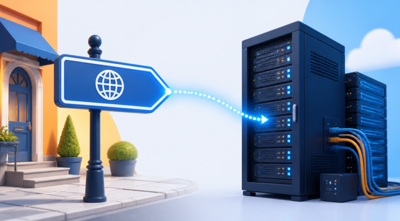 A friendly, modern flat illustration showing two side-by-side concepts: on the left, a large street sign with a web address (like www.example.ro) mounted on a stylized post in front of a colorful building entrance; on the right, a large server rack with glowing lights and cables representing hosting. The two elements are connected by a glowing curved arrow or dotted line, symbolizing the link between domain and hosting. Bright, clean color palette with blue, orange and white tones, isometric style, soft shadows, no text on the image, professional and approachable look suitable for a beginner-friendly tech blog header.