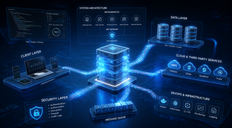 A modern, sleek 3D illustration of a computer system architecture concept, featuring a central glowing server stack connected via luminous data streams to layered tiers of client devices, databases, cloud icons, and microservices. The background is a deep blue gradient with subtle circuit board patterns, soft neon light trails showing data flow between components, and floating UI panels displaying code, graphs, and system diagrams. Cinematic lighting, futuristic tech aesthetic, high detail, digital art style, 4K, wide aspect ratio.