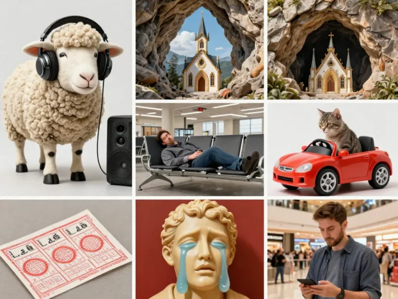A collage of bizarre events: a sheep wearing headphones next to a speaker, a man sleeping on an airport bench, a hidden church inside a mountain cave, a cat driving a toy car, a lottery ticket with three winning stamps, a wax statue crying, and a man living in a shopping mall. Digital art style, vibrant colors, surreal atmosphere.