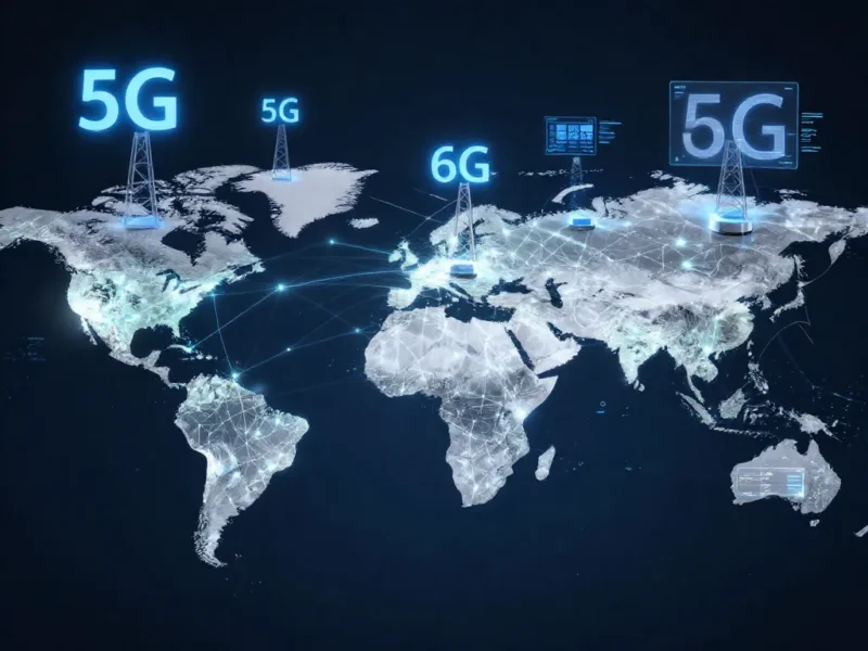A futuristic digital world map with glowing network lines connecting continents, showcasing 5G and 6G towers, smart devices, AI holograms, and video streaming interfaces. The image should convey speed, connectivity, and advanced technology in 2026.