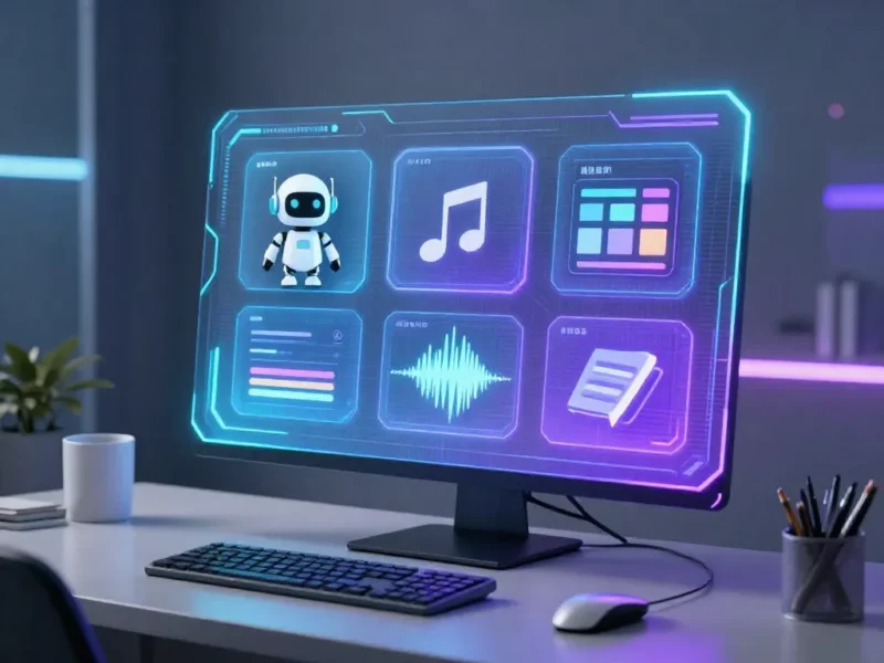 A futuristic workspace desktop with a glowing holographic interface showing multiple AI tool icons such as a robot helper, music notes, image generator palette, transcription wave, and writing assistant. Neon blue and purple lights, clean minimalistic design, high-tech atmosphere, 8k resolution, digital art style.