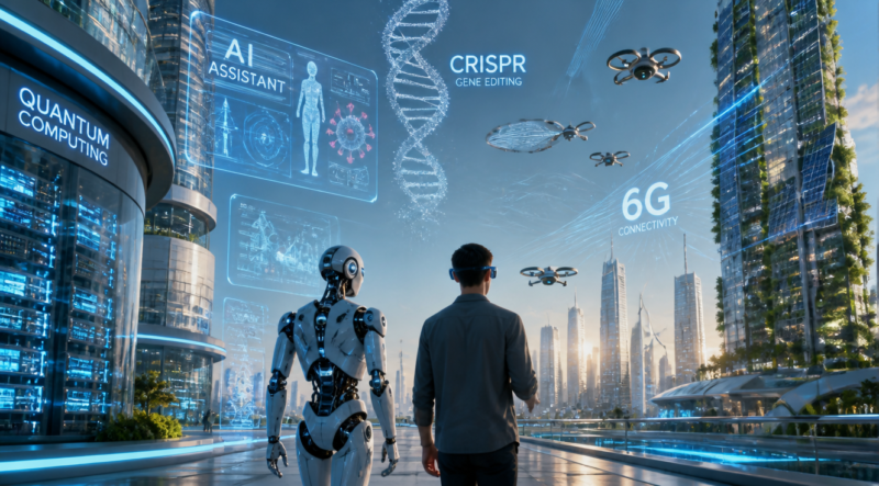 A futuristic wide-angle digital illustration showing a panoramic cityscape blending advanced technologies: a humanoid robot walking beside a person wearing AR glasses, floating holographic AI interfaces, vertical solar farms, quantum computing servers glowing in soft blue, a CRISPR DNA helix in the sky, flying autonomous drones, and 6G connectivity waves radiating across the scene. Soft neon lighting in cyan, purple, and gold tones, photorealistic style, cinematic composition, depth of field, ultra-detailed, 16:9 aspect ratio.