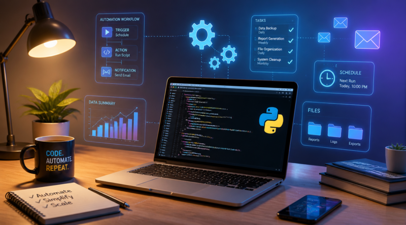 A modern, clean workspace with a laptop displaying colorful Python code on the screen, surrounded by floating holographic UI elements representing automation: gears, task lists, email envelopes, file folders, clock icons, and data charts. The background is a soft gradient of blue and purple. Warm desk lamp lighting, organized desk with coffee cup, notebooks, and a small plant. Digital art style, high detail, futuristic yet cozy atmosphere, isometric perspective, 4K quality.