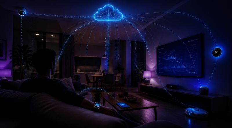 A modern living room at night filled with various smart home devices subtly glowing: a smart speaker on a shelf with a soft blue light, a large smart TV on the wall showing data streams, a smartphone on a coffee table, a smartwatch on a wrist, a robotic vacuum cleaner on the floor, a smart thermostat on the wall, and a security camera in the corner. Semi-transparent digital data streams and binary code (0 and 1) flow from each device upward toward a stylized cloud in the ceiling, representing data collection. The room has a dim, moody atmosphere with purple and blue ambient lighting, and a faint silhouette of a person sitting on the couch, unaware of the data being collected. Photorealistic, cinematic composition, 4K, digital art style.