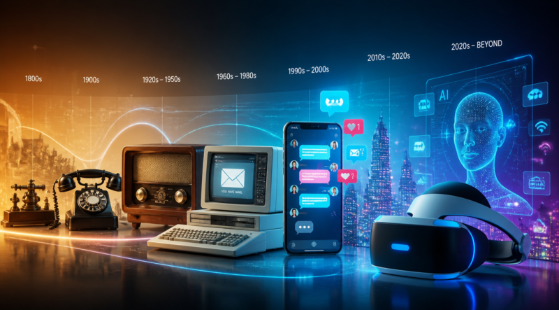 A futuristic digital collage showing the evolution of communication technology, from an old rotary telephone and telegraph machine on the left side, smoothly transitioning through vintage radios, early bulky computers with email screens, modern smartphones with colorful chat bubbles and notifications, to glowing AI holographic interfaces and sleek VR headsets on the right side. Vibrant blue and orange gradient background, soft glowing neon lights, sleek modern minimalist design, high-tech aesthetic, 4K quality, cinematic lighting, depth of field, ultra detailed.