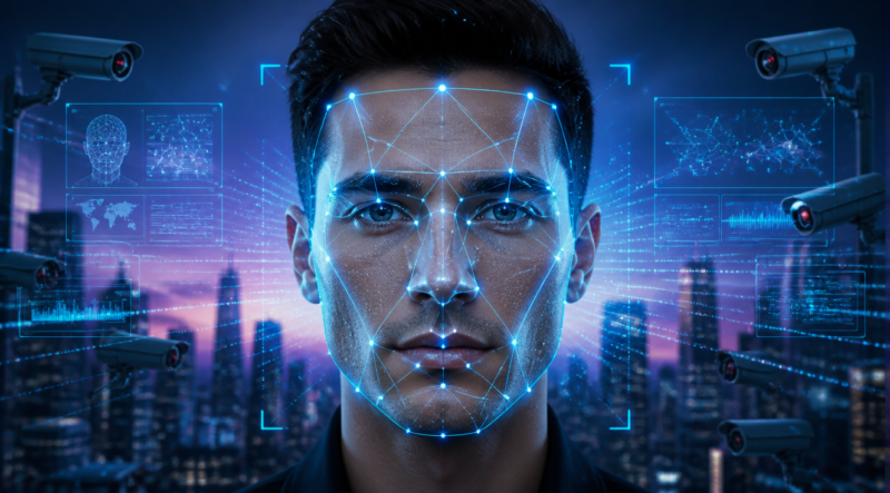 A high-quality digital illustration showing a stylized human face being analyzed by a futuristic facial recognition system. The face is surrounded by a glowing blue mesh of geometric points and lines representing facial mapping nodes, with digital data streams flowing around it. In the background, a soft-focus cityscape with surveillance cameras and holographic interface panels. The overall color palette combines deep blues, neon cyan, and subtle purple gradients, creating a high-tech, cyber-security atmosphere. The composition is centered, clean, and suitable for a blog header image, with modern, minimalist style and no human text.