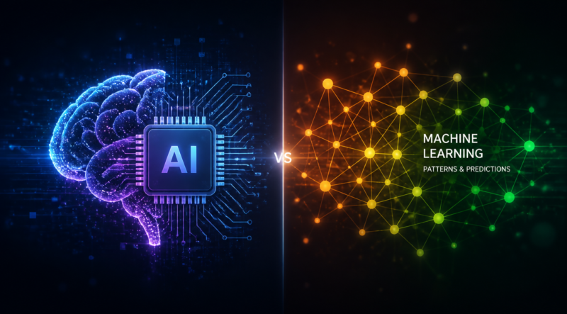 A modern, minimalist digital illustration showing two interconnected visual concepts: on the left, a glowing human brain silhouette merging with a futuristic AI chip representing artificial intelligence; on the right, a neural network of glowing nodes and data streams representing machine learning. A subtle dividing line separates the two concepts, with cool blue and purple tones for AI and warm orange and green tones for ML. The background is a dark gradient with floating data particles, conveying a high-tech, professional atmosphere suitable for a technology blog header.
