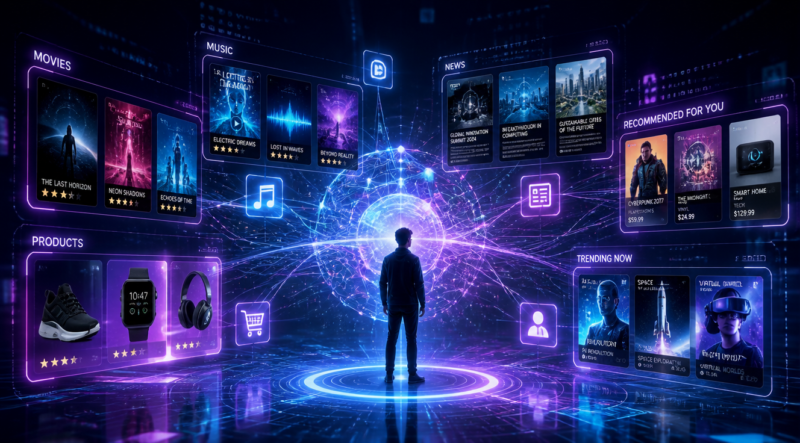 A modern digital illustration showing a stylized human silhouette at the center surrounded by floating holographic cards representing movie posters, product images, music album covers, and news articles. The cards are connected by glowing neural network lines and data streams flowing between luminous nodes. Dark blue and purple gradient background with soft cyan and magenta light effects. Futuristic UI elements, semi-transparent glass-morphism panels, subtle binary code in the background, and a digital matrix-style atmosphere. 3D rendered style with cyberpunk aesthetic, soft glow effects, intricate detail, high quality, 4K resolution, wide composition suitable for a blog header.