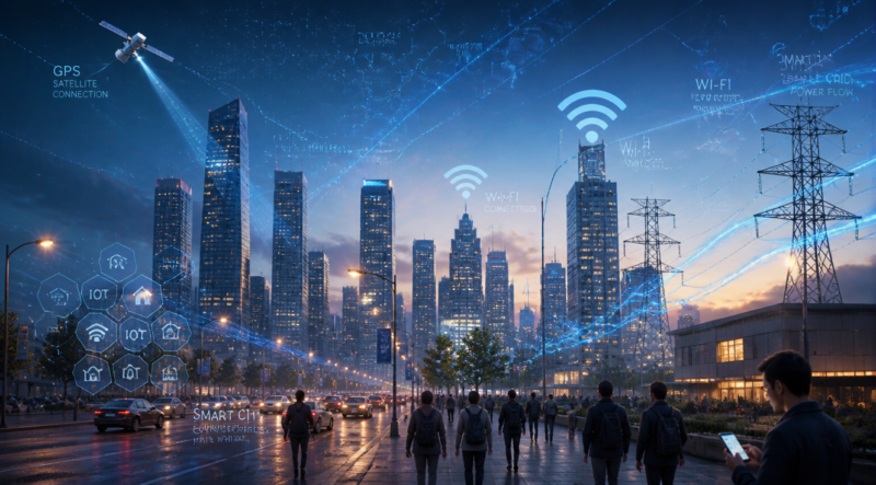 A futuristic, photorealistic digital illustration of a modern city at dusk with a subtle glowing overlay of invisible technology networks. The composition shows urban infrastructure with translucent Wi-Fi signal waves emanating from buildings, GPS satellite beams connecting to smartphones held by pedestrians, smart grid electrical power lines pulsing with energy, and data streams flowing through the sky. The color palette features deep blue background tones with electric cyan, soft purple, and warm orange accent lights. A semi-transparent digital mesh overlay covers the cityscape, showing interconnected nodes, hexagonal network patterns, and flowing data streams. Citizens walk on streets unaware of the layered digital technology surrounding them. Cinematic lighting, high detail, modern aesthetic, wide-angle composition blending technology and everyday life.