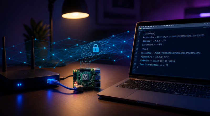 A modern home office setup with a Raspberry Pi 4 mini computer connected to a home router via ethernet cable, next to a sleek laptop displaying a terminal window with WireGuard configuration. Soft blue LED glow from the devices, surrounded by a subtle digital network mesh overlay representing a secure VPN tunnel. Cinematic lighting, shallow depth of field, warm desk lamp light mixed with cool screen glow, photorealistic 3D render style, clean and minimalist tech aesthetic, dark background with purple and teal accents.