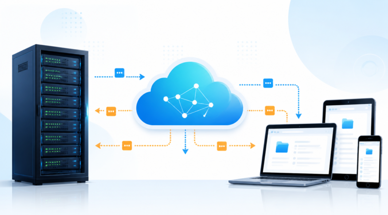 A clean, modern flat illustration showing three computer devices connected through a network, with arrows representing data flow between them. On the left, a tall server rack in a data center with green LED lights (representing the server). In the center, a stylized cloud with network connection lines. On the right, a laptop, smartphone and tablet (representing client devices). Use bright, friendly colors with blue, teal, and orange accents on a soft white background. Minimalist vector style with subtle gradients, suitable for a technology blog header image. Include small icons representing data packets traveling between the devices.