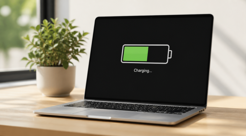 A modern laptop placed on a clean wooden desk next to a green potted plant, soft natural daylight coming from a window, the laptop screen showing a battery icon with a green charging indicator, minimalist workspace aesthetic, warm and inviting atmosphere, photorealistic style, high resolution, soft shadows, shallow depth of field, focus on the laptop and battery icon