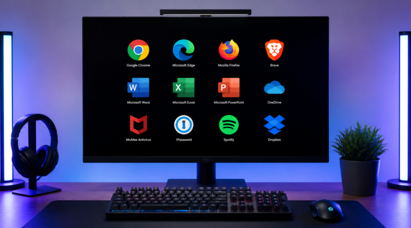 A modern, clean desk setup with a sleek desktop computer monitor displaying a grid of colorful application icons (browser, office suite, antivirus shield, cloud storage, music player, password manager) glowing on a dark background. Soft ambient blue and purple lighting, minimalistic workspace with a mechanical keyboard, mouse, and a small potted plant on the side. Photorealistic, professional tech photography style, sharp focus, 4K quality.