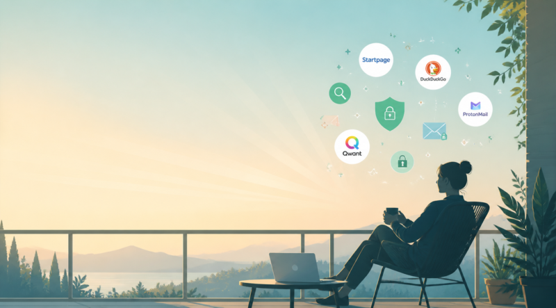 A minimalist flat illustration showing a person silhouette sitting peacefully on a balcony with a closed laptop nearby, surrounded by floating geometric icons representing alternative search engines, encrypted email envelopes, privacy shields, and lock symbols. Soft pastel color palette with mint green, soft blue, peach and warm beige tones. The background features a subtle gradient sky with light rays suggesting freedom and clarity. Clean modern design with simple shapes, conveying digital detox, mindfulness, and liberation from big tech. Wide aspect ratio 16:9 suitable for blog header, with negative space on the left for text overlay.