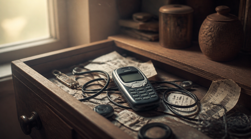 A vintage small candy-bar style mobile phone with physical buttons, placed on an old wooden drawer filled with tangled cables, paper receipts, and forgotten trinkets. Warm natural light coming from a window, shallow depth of field, nostalgic and minimalist atmosphere, soft muted tones, photorealistic still life photography, slight dust particles in the air, cozy interior background