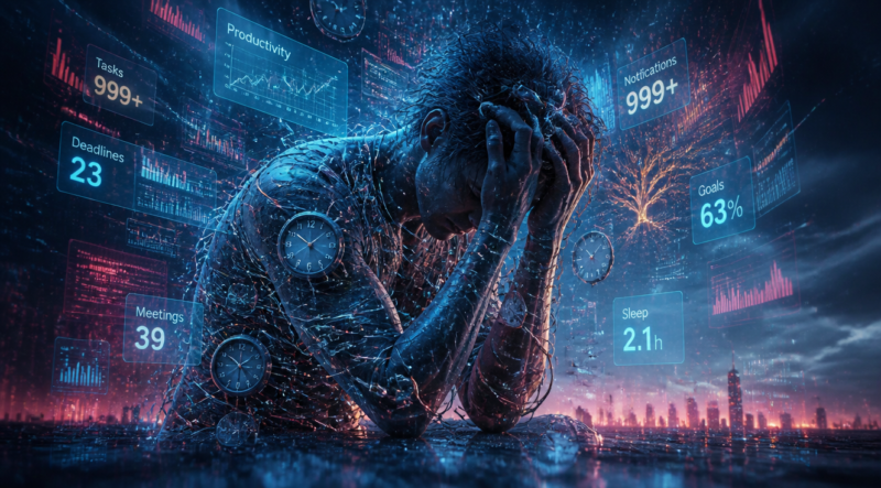 A surreal, thought-provoking image depicting a human figure (gender-neutral) entangled in a complex web of glowing digital metrics, charts, and clock hands, symbolizing the pressure of 'productivity' in the tech industry. The figure looks exhausted or overwhelmed, with a background that hints at innovation being stifled or fading away. Use a blend of futuristic and slightly dystopian elements, with a color palette that includes cool blues, purples, and some contrasting reds or oranges to highlight stress. High detail, digital art, cinematic lighting.