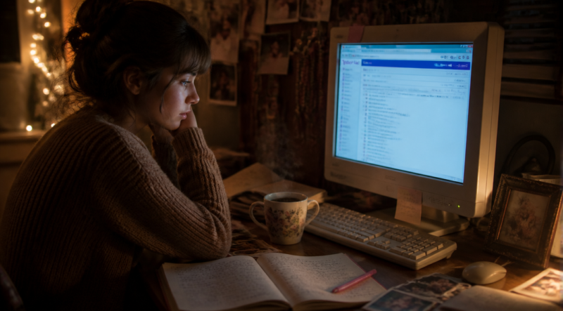 A nostalgic, warm-lit scene of a young woman sitting at an old wooden desk in a dimly lit room at night, illuminated by the soft blue glow of an old desktop computer monitor from around 2010. The monitor shows an old email inbox interface. A steaming cup of tea sits beside the keyboard. Scattered around are handwritten notebooks, a pink gel pen, and old printed photos. The atmosphere is melancholic, intimate, and reflective, with soft bokeh lights in the background suggesting a quiet evening. Cinematic composition, warm color palette, photorealistic style, depth of field.