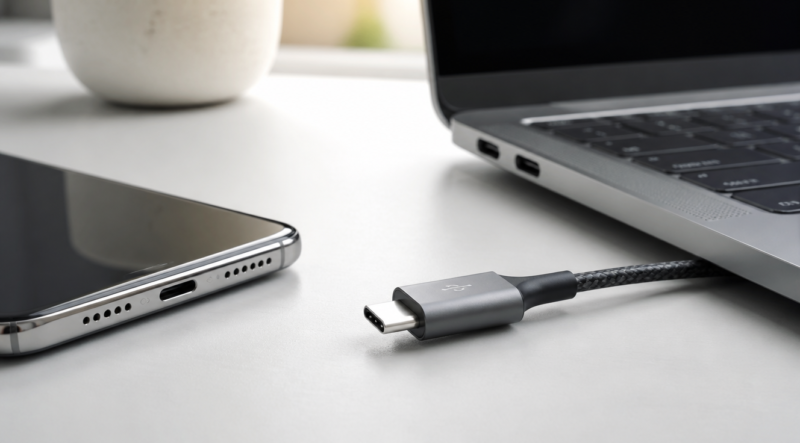 A minimalist still life photograph of a USB-C cable connector placed on a clean modern white desk next to a slim aluminum laptop and a smartphone, soft natural daylight from a side window, shallow depth of field with the USB-C connector in sharp focus in the foreground, warm and cool tones balanced, professional product photography style, ultra detailed texture on the braided cable and metal laptop body, 4K resolution, editorial composition, no people