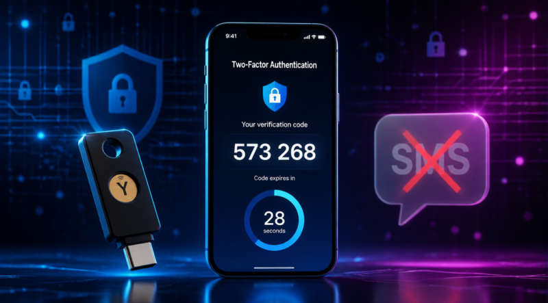 A modern, high-quality digital illustration depicting two-factor authentication security. In the center, a glowing smartphone screen displays a six-digit TOTP code with a circular progress timer, surrounded by a soft blue and purple gradient background. To the left, a sleek hardware security key (USB/NFC style) floats with subtle light reflections on its metallic surface. On the right, a faint translucent icon of an SMS bubble with a red warning cross overlaid suggests vulnerability. In the background, faint digital circuit patterns, padlock icons, and shield motifs create a cybersecurity atmosphere. Cinematic lighting, clean minimalist composition, shallow depth of field, 16:9 aspect ratio, 4K detail, modern tech editorial style.