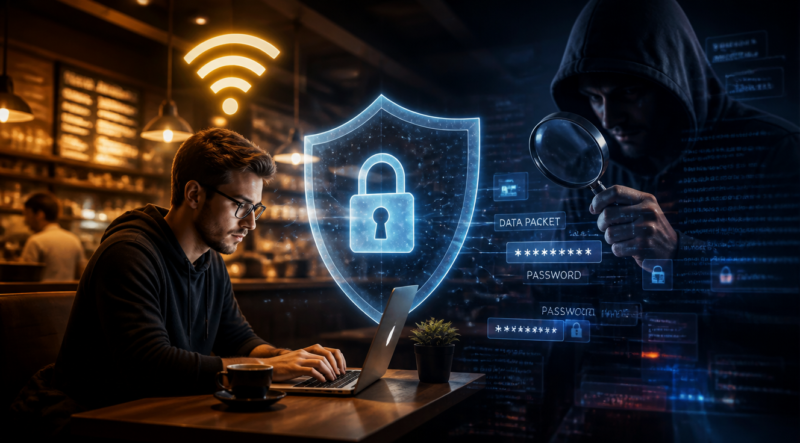 A cinematic, high-quality digital illustration showing a person working on a laptop in a modern coffee shop, with a glowing Wi-Fi symbol above. In the background, a translucent shadowy figure with a hood represents a hacker, holding a magnifying glass over floating data packets and password fields. A large translucent shield with a padlock icon overlays the scene, symbolizing protection. Color palette: warm amber tones for the café contrasted with cool blue and dark purple for the digital threat elements. Soft bokeh background, dramatic lighting, photorealistic style with subtle cyber-security aesthetic, 16:9 aspect ratio, ultra-detailed.
