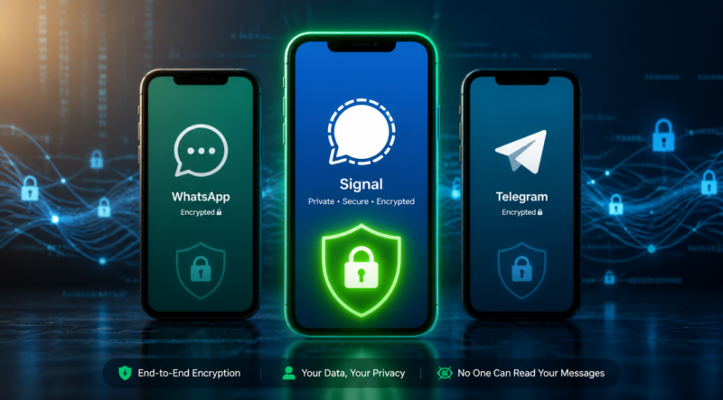 A high-quality, conceptual image illustrating digital privacy and security in messaging apps. Feature three distinct phone screens or app icons representing Signal, WhatsApp, and Telegram, with Signal prominently highlighted or having a stronger 'secure' visual element (e.g., a padlock, shield, or green glow). The background should suggest data flow or digital communication, possibly with abstract lines or network connections, emphasizing protection and confidentiality. Modern, clean design with a focus on trust and data integrity. Avoid specific logos to prevent copyright issues, but use recognizable visual cues. Aspect ratio 16:9.