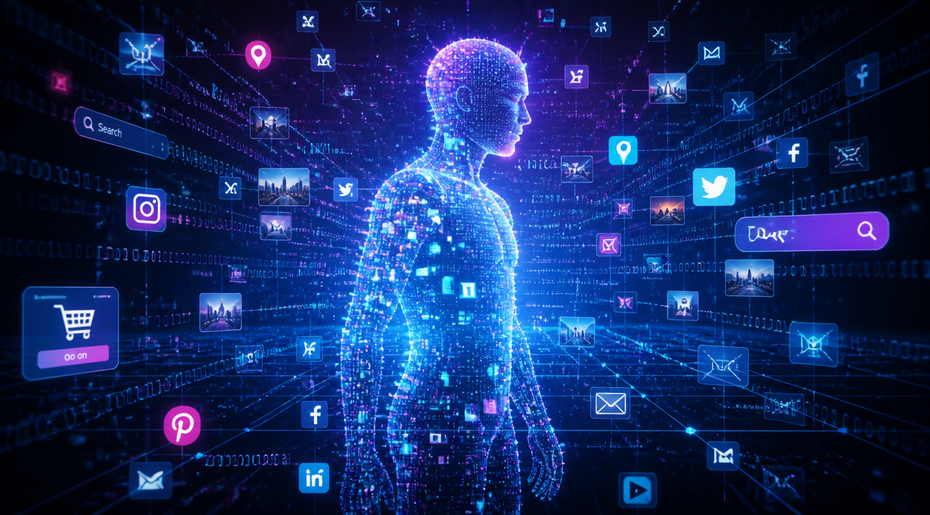 A conceptual digital illustration showing a translucent human silhouette composed of glowing pixels in blue and purple neon tones, surrounded by floating digital data fragments: social media icons, location pins, search bars, email envelopes, photographs, and shopping cart symbols. Streams of binary code and data particles flow around the figure, connecting to a vast dark network grid in the background. Cyberpunk aesthetic, high detail, 4K resolution, dramatic lighting with soft glow effects, professional digital art style, wide composition.