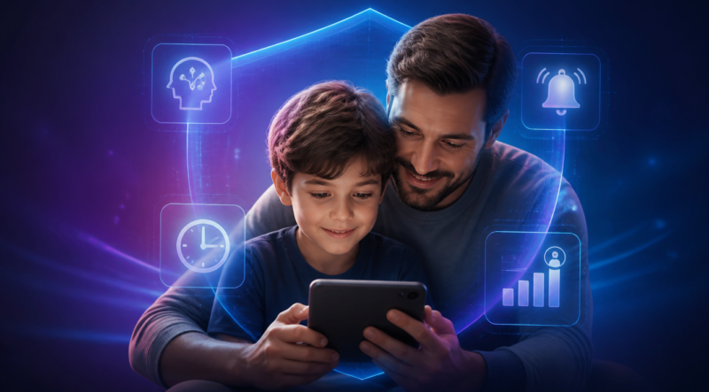 A modern, high-quality digital illustration depicting a parent and child looking together at a smartphone screen, surrounded by a glowing translucent digital shield. The shield features subtle icons representing AI content filtering, screen time monitoring, real-time alerts, and parental dashboard. Soft gradient background in deep blue and purple tones with gentle light rays. Clean, professional tech-magazine style composition, sharp focus, 4K resolution, cinematic lighting, minimalist aesthetic, no text overlay.