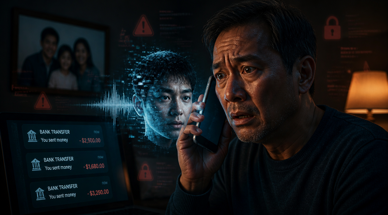A worried middle-aged person holding a smartphone to their ear, looking anxious. A holographic AI-generated younger face emerges from the phone screen with visible digital glitches, pixelation artifacts and waveform distortions revealing it as a deepfake clone. Moody dark cinematic lighting with deep blue and warm orange tones. Background shows a blurred family photo on a wall and scattered bank transfer notifications on a laptop. Subtle red warning symbols and padlock icons floating in the air. Modern photorealistic digital art style, high detail, dramatic atmosphere, cybersecurity concept illustration.