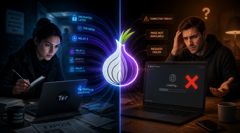 A cinematic split-screen digital illustration showing two contrasting scenes: on the left, a determined journalist with a notebook and laptop working in a dimly lit, restricted environment, surrounded by glowing onion layers symbolizing Tor network layers and encrypted data streams; on the right, a casual everyday user looking confused and frustrated at a slow-loading webpage with a red 'X' mark and warning icons. The center features a glowing translucent Tor onion logo dividing the two halves. Dark moody color palette with neon blue, purple, and orange accents, high-tech aesthetic, sharp focus, 4K quality, modern flat 3D illustration style.