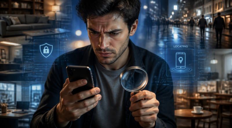 A person looking stressed but determined, holding a smartphone in one hand and a magnifying glass in the other, searching for a lost phone. The background shows a blurry mix of indoor and outdoor environments, suggesting various places where a phone might be lost. The scene should convey urgency and the importance of quick action, with a subtle digital overlay or glow representing data protection. High-quality, realistic, slightly dramatic lighting.