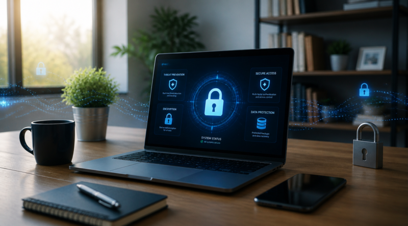 A modern minimalist freelancer's workspace with a laptop on a clean wooden desk, the screen displaying a glowing blue cybersecurity dashboard with a prominent padlock icon and shield symbols, encrypted data streams visualized as flowing light particles around the workspace, a cup of coffee and a small green plant nearby, soft natural daylight from a window, shallow depth of field, realistic photography style, high resolution 4K, professional and trustworthy atmosphere, warm and cool color palette blending blues and warm wood tones