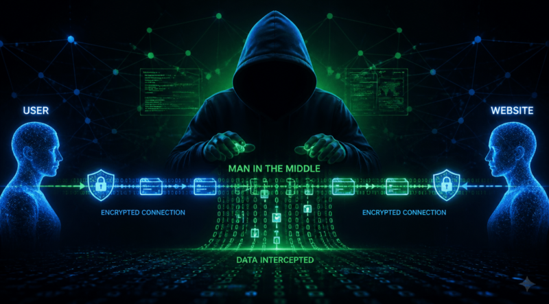 Digital illustration of a man-in-the-middle cyber attack concept: a hooded hacker figure positioned in the middle of two abstract users, intercepting data streams represented as glowing binary code and data packets flowing through encrypted communication lines. Dark blue and neon green color palette, cyberpunk aesthetic, dramatic lighting, network visualization with nodes and connection lines in the background, hacker manipulating intercepted data, high quality, 4K, digital art, conceptual cybersecurity imagery