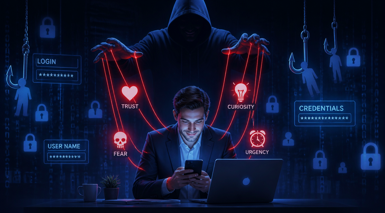 A conceptual digital illustration depicting a mysterious hooded hacker figure manipulating an unaware businessperson through invisible glowing psychological strings, like a puppeteer pulling emotional levers. The victim appears trusting and distracted, looking at a glowing laptop or smartphone screen, while the attacker hides in the shadows connecting strings to symbols of trust, fear, curiosity, and urgency. Background includes floating padlocks, login credentials, user icons, and phishing hooks shaped like human silhouettes. Color palette: deep navy blue and dark purple tones with cyber-green highlights and vivid red accents on the manipulation strings. Style: modern flat vector illustration with subtle neon glow effects, professional look suitable for a cybersecurity awareness blog header.